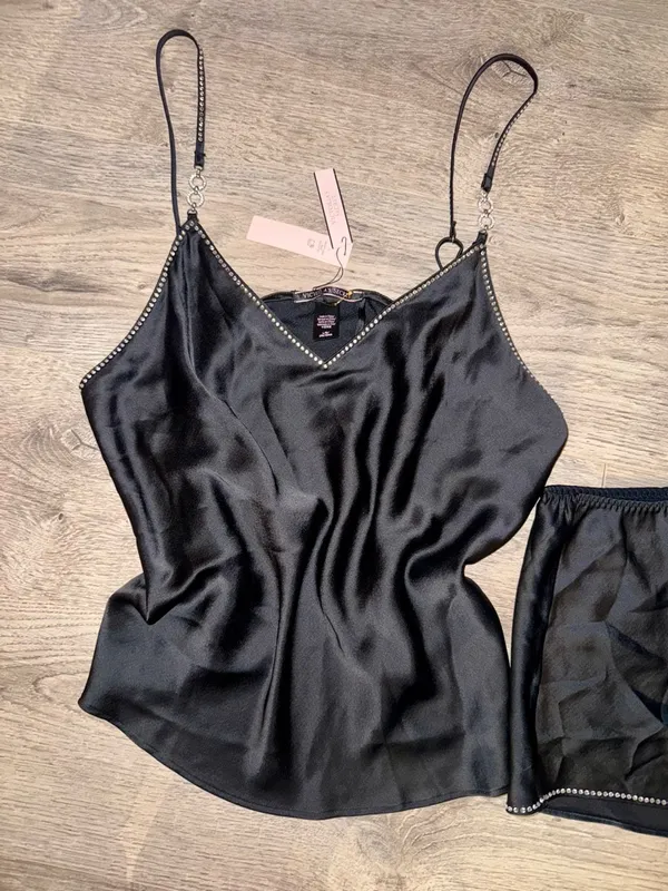 Victoria's Secret black satin cami and shorts pajama set with rhinestones NEW - Image 2
