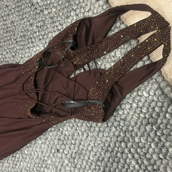 Cum Cum by Niki Livas Brown Satin Beaded Maxi Party Dress - Image 3