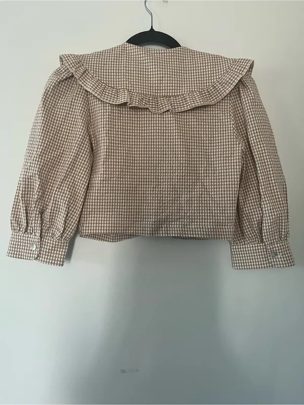 Zara Tan White Gingham Collared Puff Sleeve Top XS Cottagecore Western Farm - Image 6
