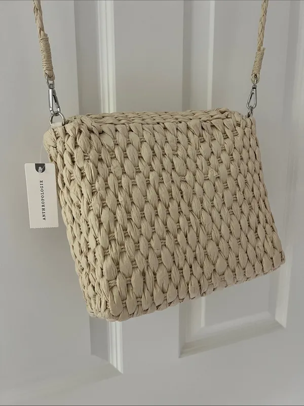 Anthropologie Beaded Woven Crossbody Bag in Natural Beige - Image 7