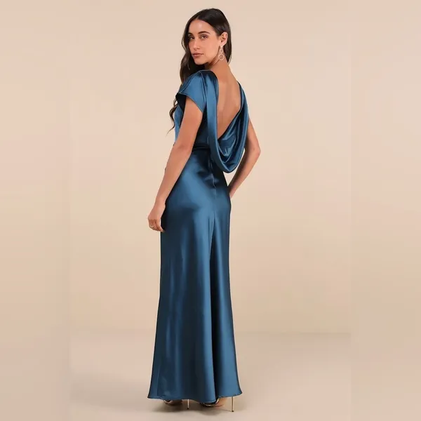 LULU’S Captivating Presence Dark Teal Satin Cowl Back Maxi Dress - Image 4