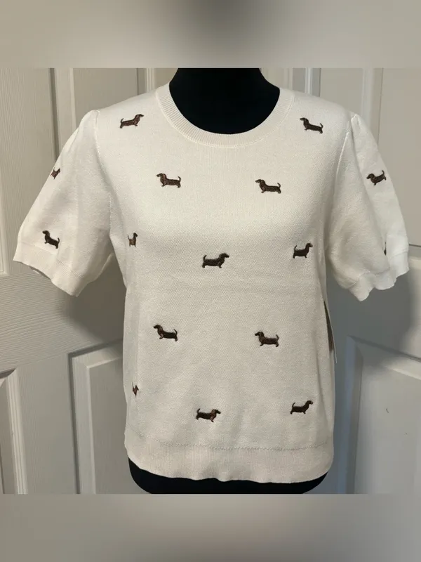 NWT Calligraphie Dachshund Embroidered Puff Sleeve Sweater Top Size Large - Image 2