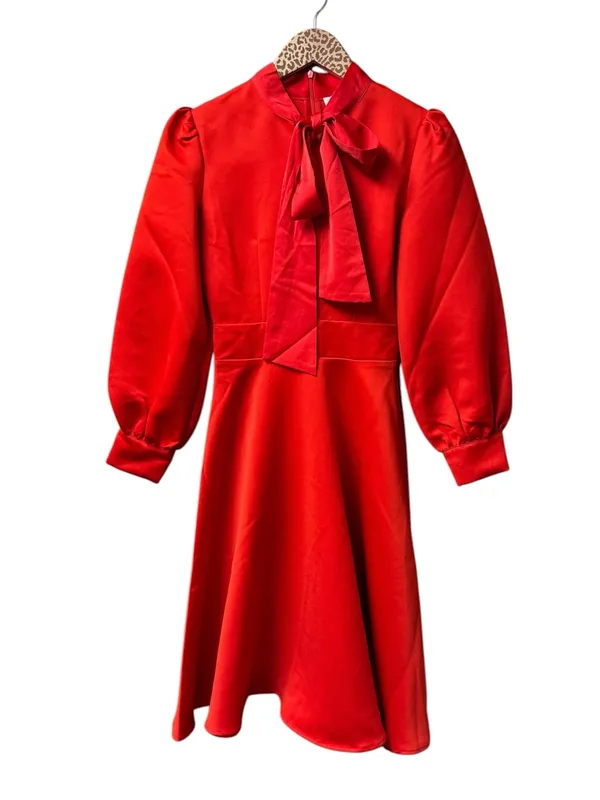 Ivy City Co. Pippa Long Sleeve Tie Bow Neck Knee Length Dress Satin Red XXS NEW - Image 4