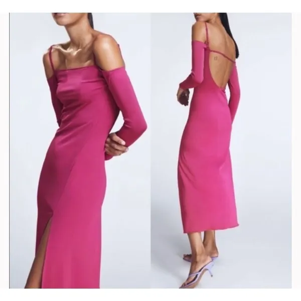 NWT.‎ ZARA PINK FLOWY OPEN SHOULDER DRESS SIZE large - Image 2