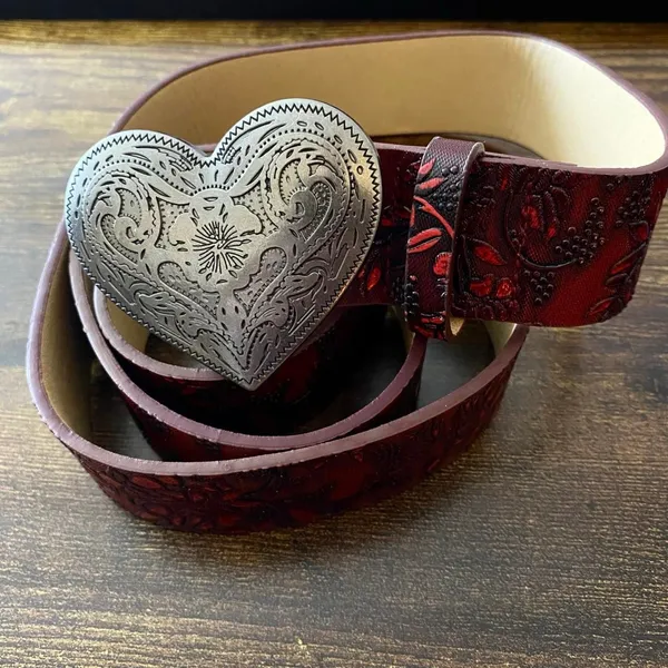 Burgundy Red Western Floral Heart Buckle Belt, Fits 33.5-43.5 Inches, X7GA1324 - Image 7