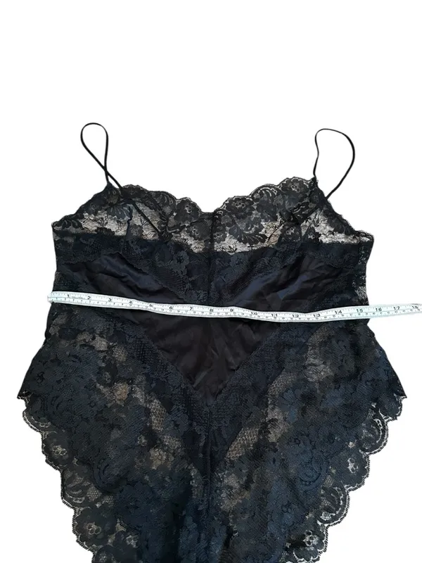 Vintage 80s Black Silky Nylon & Lace Teddy Lingerie Dark Romantic Cottagecore - Image 7