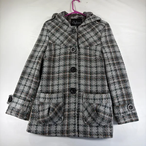 Sashimi Womens Grey Plaid Hooded Wool Blend Pea Coat Jacket Size Medium‎ - Image 2