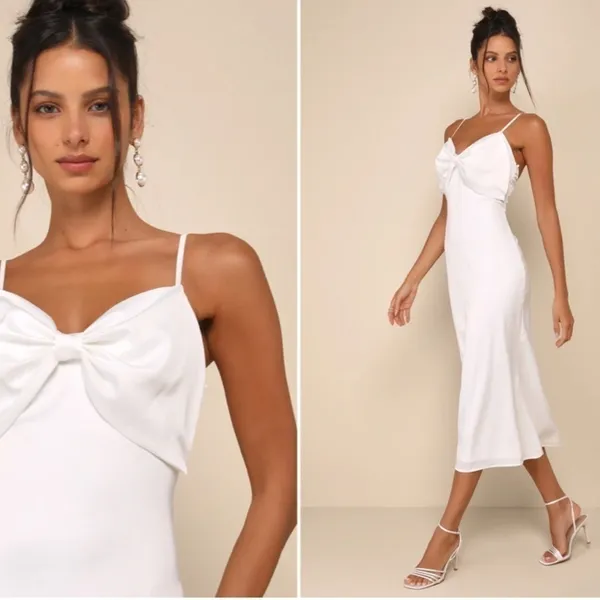 LULU's Bridal Engagement Bachelorette Elegant Sexy Bow Detail Chic Satin Midi - Image 2