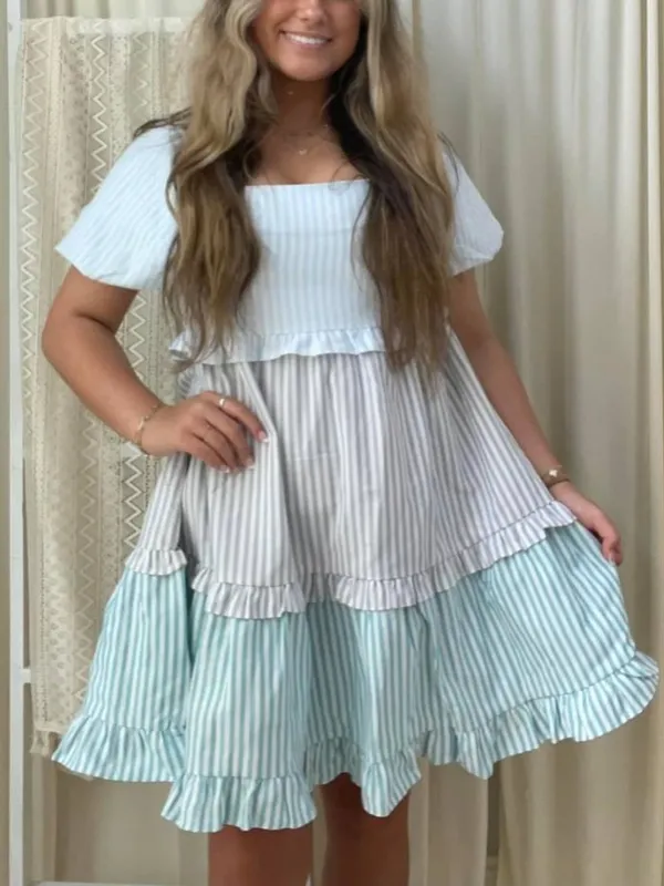 BiBi Cute Pink Pastel Stripe Ruffle Tier Puff Sleeve Babydoll Summer Dress Sz XL - Image 16