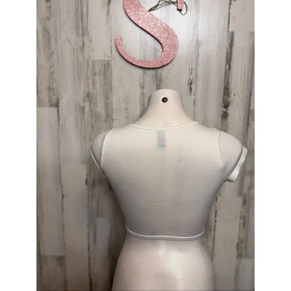 Windsor White Short Sleeve Crop Top Women’s Small V-Neck Stretchy Fitted - Image 4