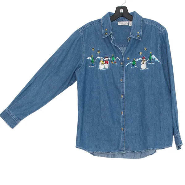 Vintage Basic Editions Holiday Top Denim Embroidered Festive 90s Button Medium Blue - Image 6
