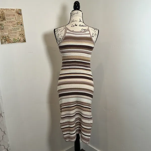 House of Harlow 1960 Striped Knit Bodycon Midi Dress Brown Tan Medium Boho Slit - Image 3