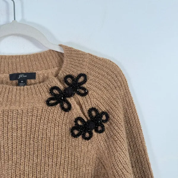 J. Crew Wool Alpaca Blend Sweater Brown Beaded Flower Embellished Womens Medium - Image 3