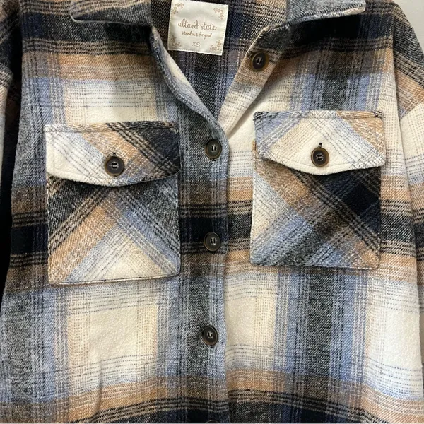 Altar'd State Plaid Oversized Jacket Coat Size XS Blue‎ Taupe Buttons Pockets - Image 3