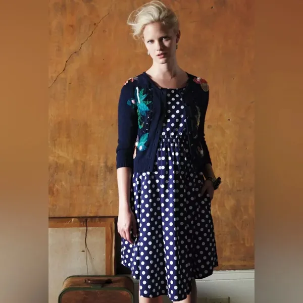 Anthropologie Polka Dot Dress - Vanessa Virginia Navy Blue White Womens sz 10 - Image 4