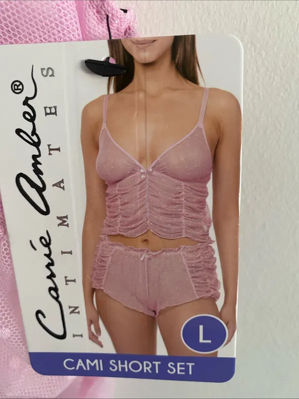 Carrie Amber Sheer Swiss Dot Ruched Bubblegum Pink Cami Shorts Set Size Large - Image 2