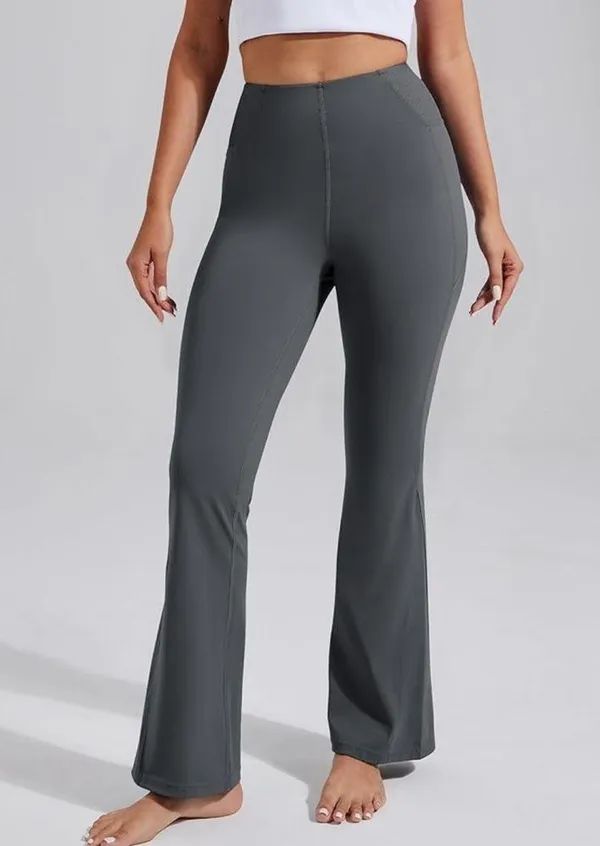 NEW Gray Flare Yoga Pants Bootcut Leggings Pockets High Waist Tummy Control S - Image 2