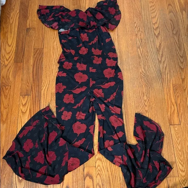 Free People Austyn One Piece Jumpsuit Red Floral Size‎ S boho flare ruffle - Image 4