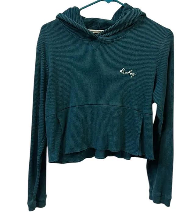 Hurley Ribbed Turquoise Long Sleeve Hooded Cropped Shirt Kangaroo Pocket Medium - Image 3