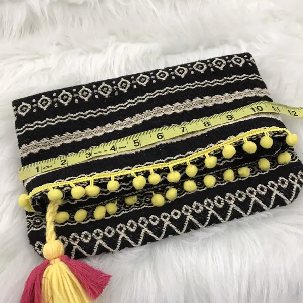 Just Fab Fold Over Bag Yellow Pom Pom Tassel‎ Trim Colorful Clutch Purse - Image 11
