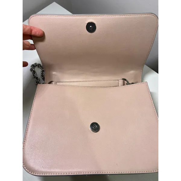 Pale Pink Vegan Faux Leather Chain Strap‎ Crossbody Bag Structured Flap Handbag - Image 9