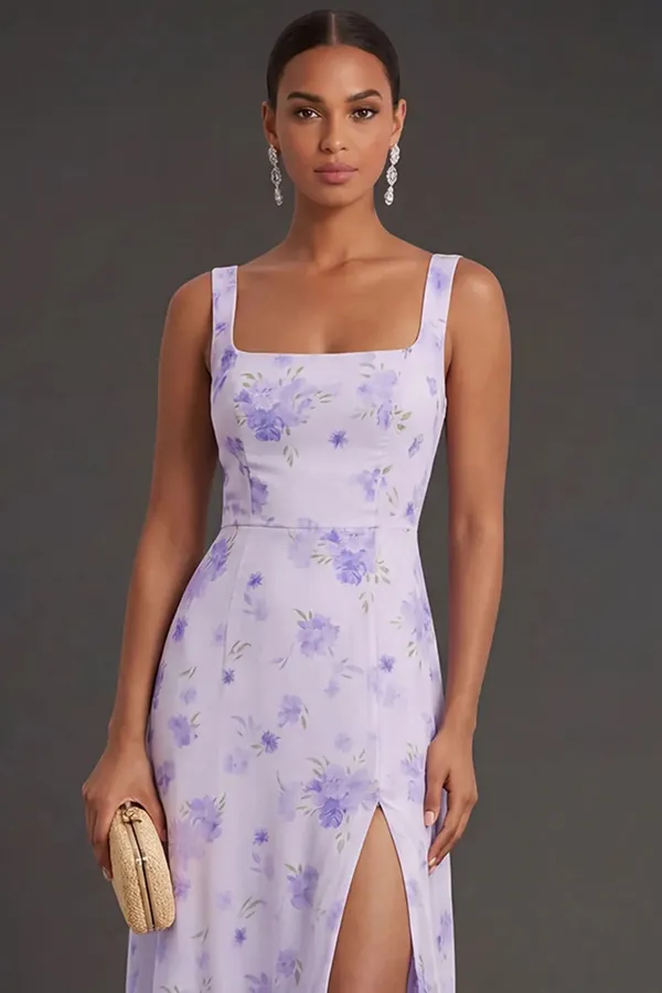 Formal Lilac Thick Straps Floral Sheath Maxi Dress w/ Slit - Image 3