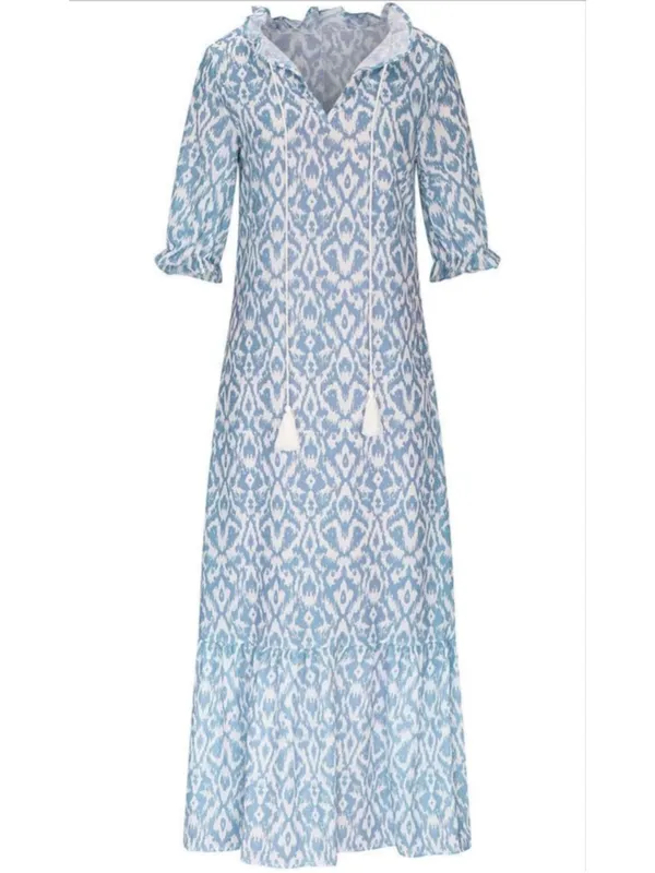 NEW Floral Loose Lightweight Beach 3/4 Ruffle Sleeve Maxi Dress V Neck A Line M - Image 3