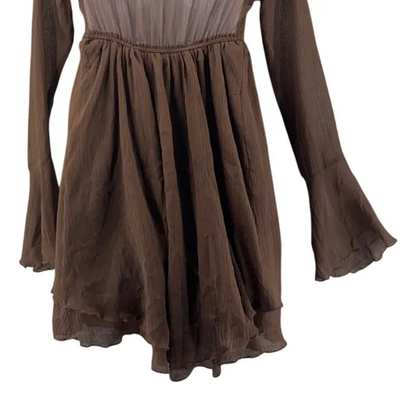 Urban Outfitters Mini Drress S Brown Tie Front Long Bell Sleeve‎ Boho Y2K Fairy - Image 5