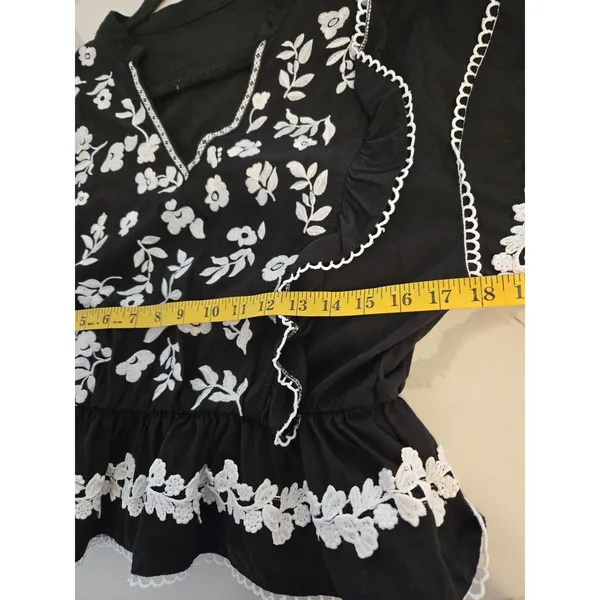 SHEIN Floral Embroidered Peplum Blouse Black V-Neck Ric Rac Top Women Size M - Image 8