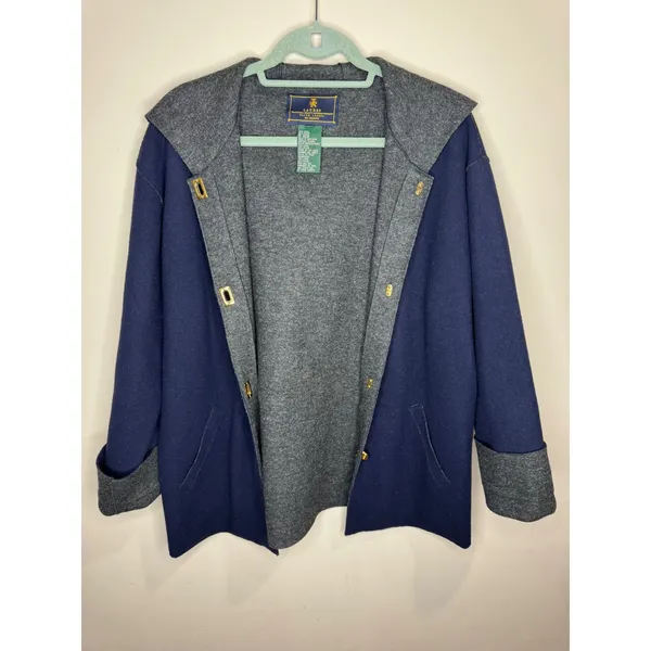 Lauren Ralph Lauren VTG Navy Wool Blend Hooded Jacket Gold Toggle Sz LP - Image 2