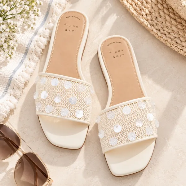 A New Day Elain Ivory Mesh Sequin Slide Sandals Square Toe Memory Foam 7 - Image 2