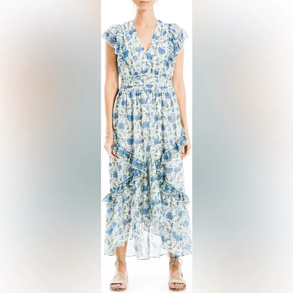 NWT max studio Georgette green garden Floral Ruffle midi maxi dress size S - Image 6