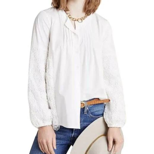 White Cotton Blouse with Floral‎ Lace Bell Sleeve Romantic Victorian Style Top - Image 5