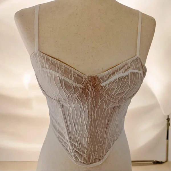 SheIn Y2K White Beige Corset Cami crop Top Coquette Backless Strap Neutral Small Chic - Image 6
