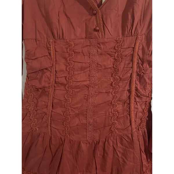Runway 101 Terracotta Rust Cotton Smocked Tiered Midi Dress Boho Lace Trim M - Image 6