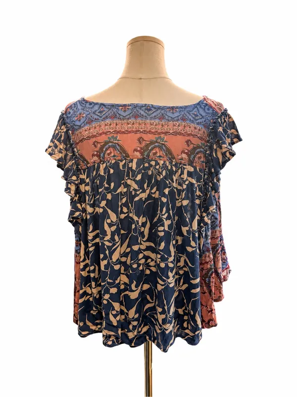 Easel Size Large Boho Mixed Print Flowy Blouse Top Blue Pink Floral - Image 3