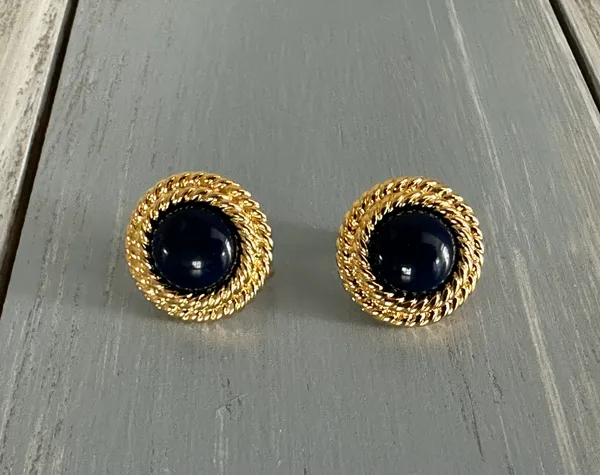 Napier Vintage Clip On Screw Back Earrings Gold Tone Rope Frame Blue Cabochons - Image 2