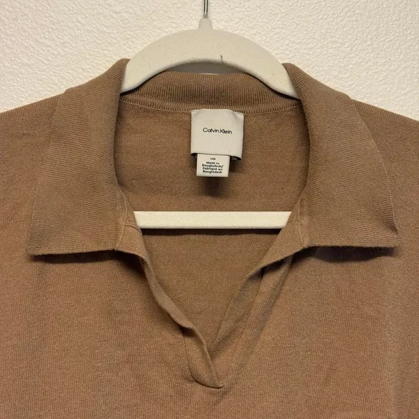 Calvin Klein Womens Camel Tan 100% Cotton Long Sleeve Polo Sweater Large - Image 3