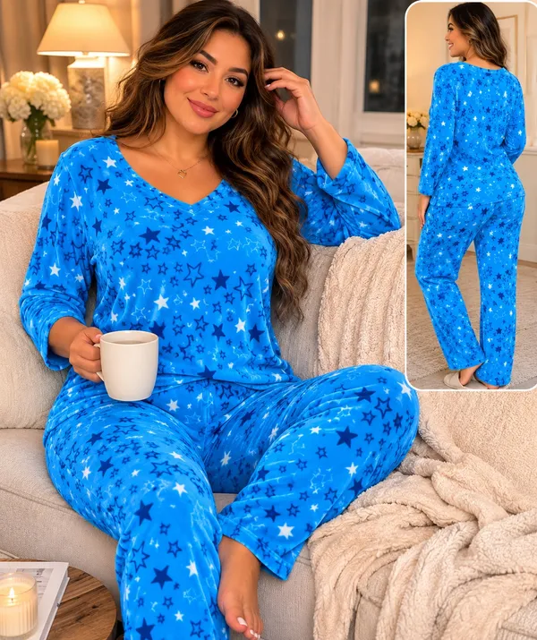 Mayfair Group Micro fleece Cozy Star-Print V-Neck Pajama Set - Blue - Image 2