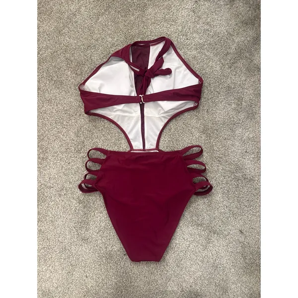 Tempt Me Women's One-Piece Sexy Mesh Neck Halter Monokini Swimsuit in Maroon, M - Image 5
