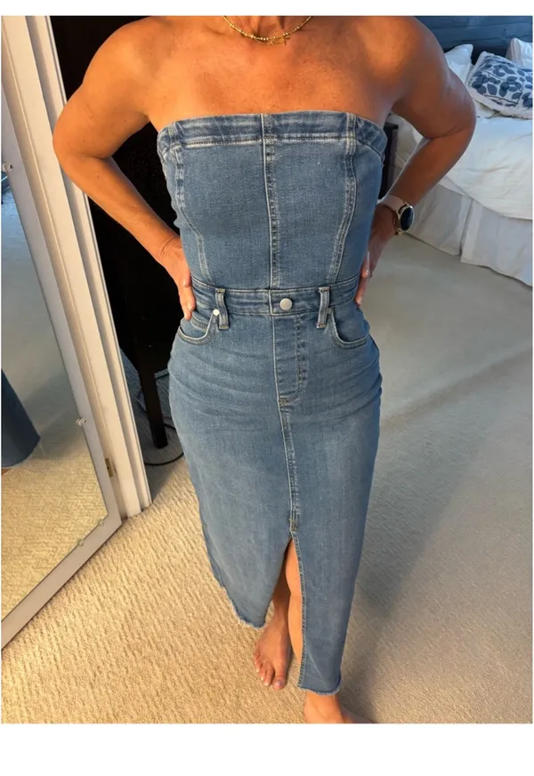 Pilcro The Madi Anthropologie Front Slit Strapless Denim Dress XS - Image 4
