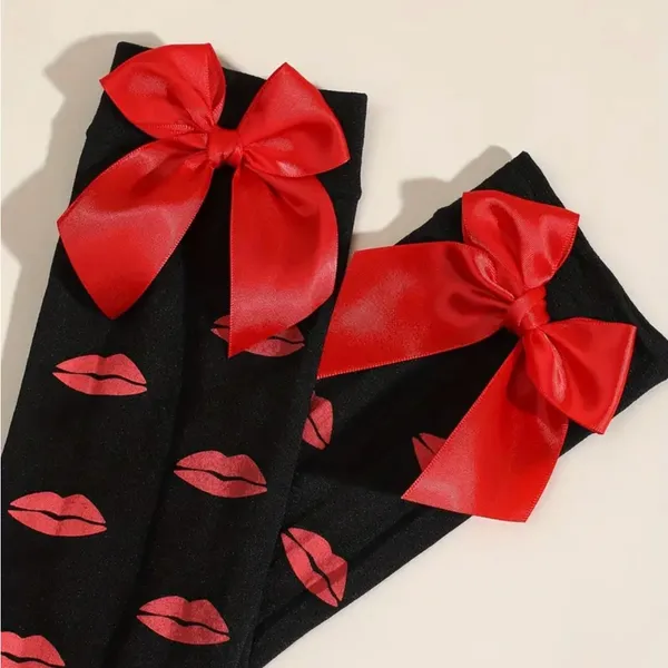 Lips Kiss Mesh Thigh High Stockings Bow Decor Valentines Day Over The Knee Socks - Image 3