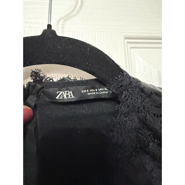 Zara Black‎ Faux Leather Lace Trim Ruffle Midi Dress Sleeveless Small - Image 5