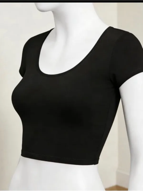 Black Short Sleeve Crop Top - Women's Ribbed Tee - Image 2