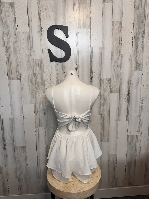 AKIRA Off White Tiered Ruffle Skort Romper Womens Small Tie Back Spaghetti Strap - Image 5