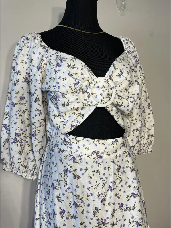 MINKPINK Hailey Floral Puff Sleeve Cutout Midi Dress Sz M - Image 3