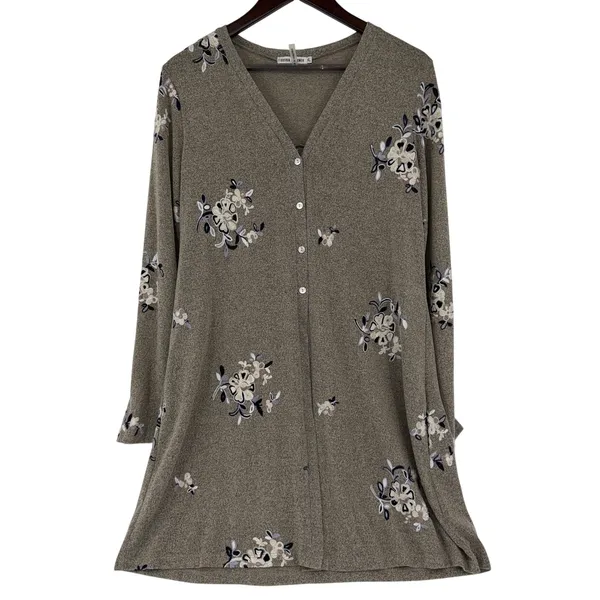 Figueroa & Flower Floral Embroidered Longline Cardigan Sweater Grey Boho Size XL - Image 2