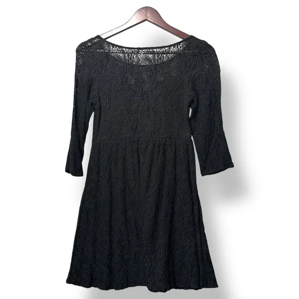 Free People Dress XS Black Lace‎ Fit Flare 3/4 Sleeve Mini Cocktail - Image 4