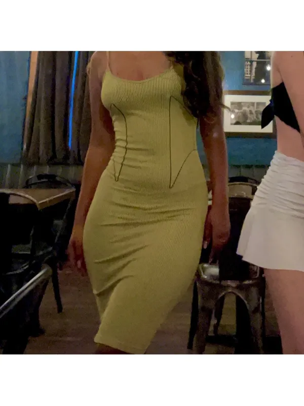 Zara Chartreuse Ribbed Scoop-Neck Midi Dress - Image 2