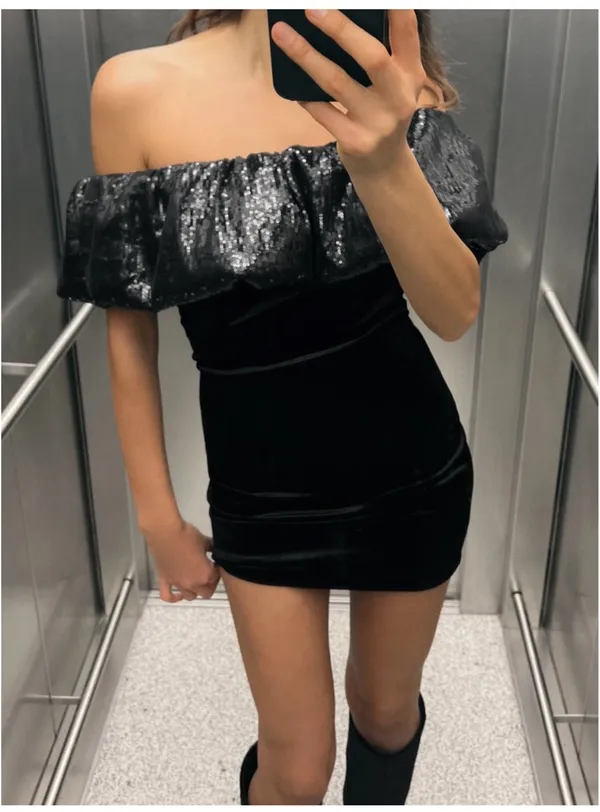 Zara Off-Shoulder Black Mini Dress with Sequin Trim - Image 3